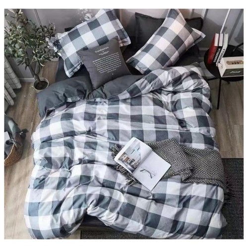 King Size Gray & White Square Print Comforter Set - 6pcs with Tufted Pillowcases