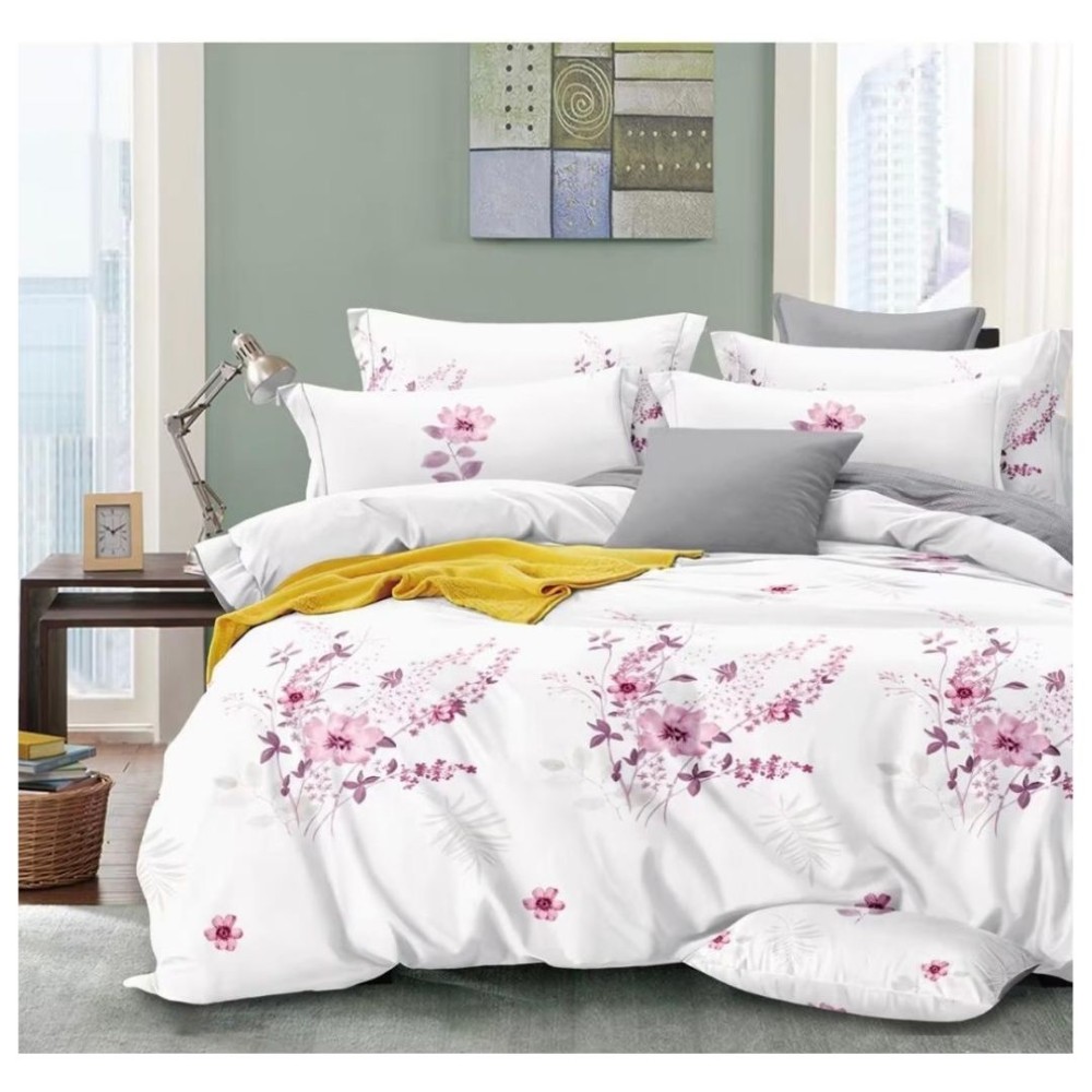 King Size Pink Floral Print White & Steel Gray Comforter Set - 6pcs with Tufted Pillowcases