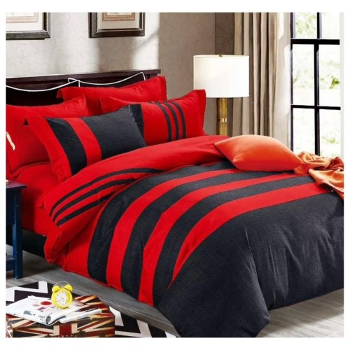 King Size Black & Red Horizontal Line Print Comforter Set - 6pcs with Tufted Pillowcases