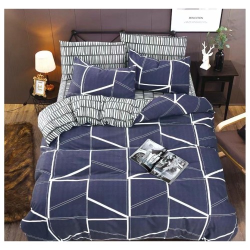 King Size White Shaped Line Print Denim Blue Comforter Set - 6pcs with Tufted Pillowcases