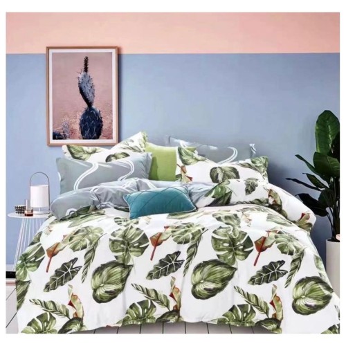 King Size Green Large Leaves Print on White Comforter Set - 6pcs with Tufted Pillowcases