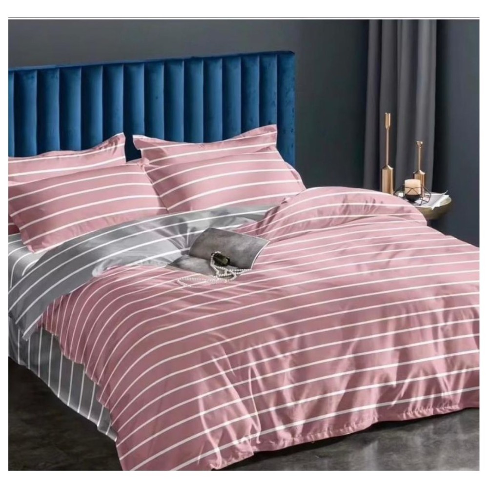 King Size White Line Print in Thulian Pink Comforter Set - 6pcs with Tufted Pillowcases