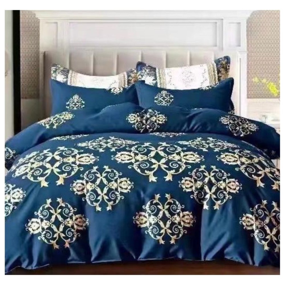 King Size Peach Royal Design Print in Prussian Blue Comforter Set - 6pcs with Tufted Pillowcases