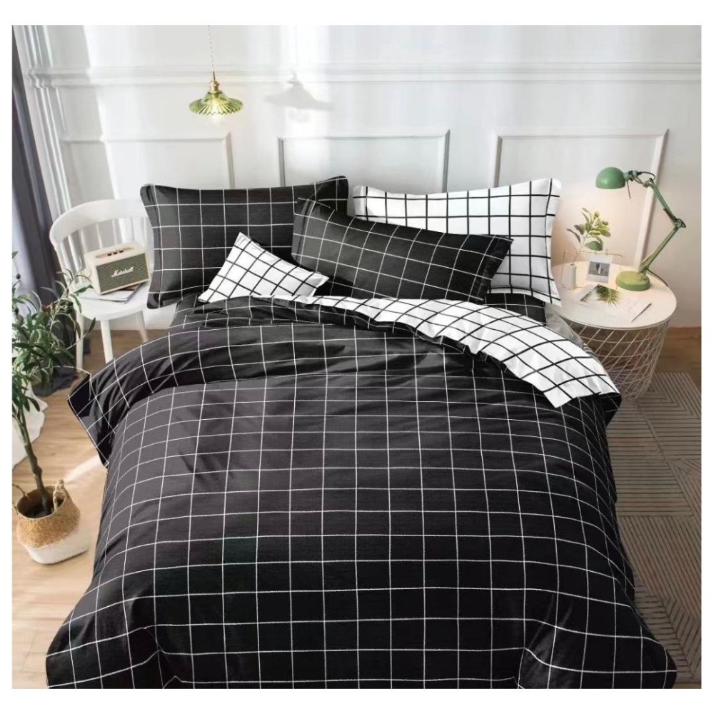 King Size White Medium Square Print in Black Comforter Set - 6pcs with Tufted Pillowcases