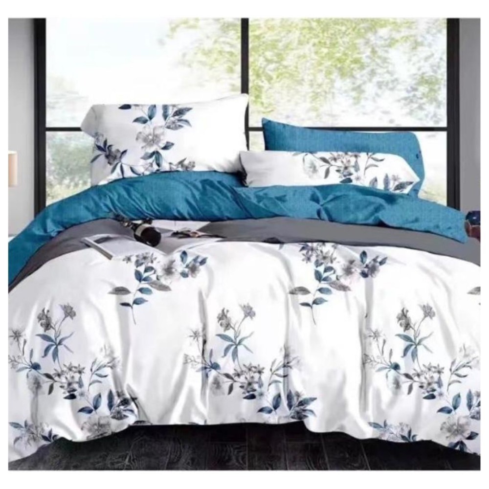 King Size Petunia Flower Branches White Comforter Set with Tufted Pacific Blue Pillowcases