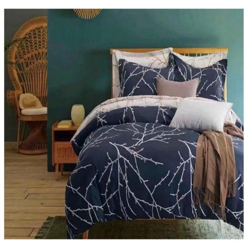 King Size Denim Blue Comforter Set with White Tree Branches and Tufted Pillowcases