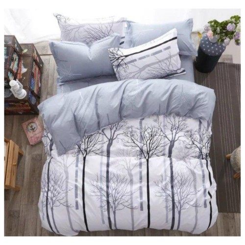 King Size Black Tree Print on Sky Blue & White Comforter Set with Tufted Pillowcases