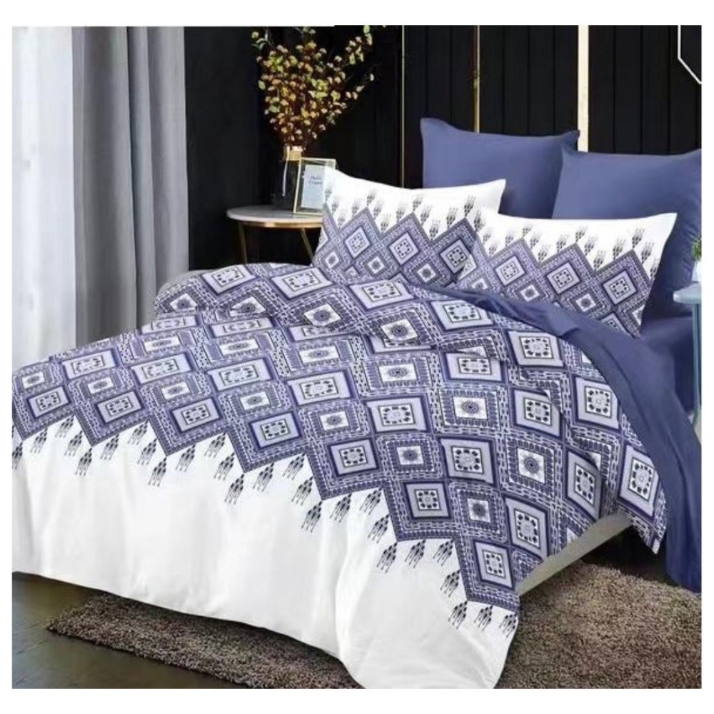 King Size Blue Geo Pattern in White Comforter Set - 6pcs with Tufted Pillowcases