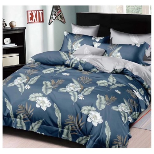 King Size White Large Floral & Leaves Printed in Prussian Blue Comforter Set - 6pcs with Silver Tufted Pillowcases