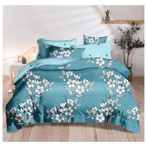 King Size Pine Green Comforter Set with White Flower Vines and Tufted Pillowcases