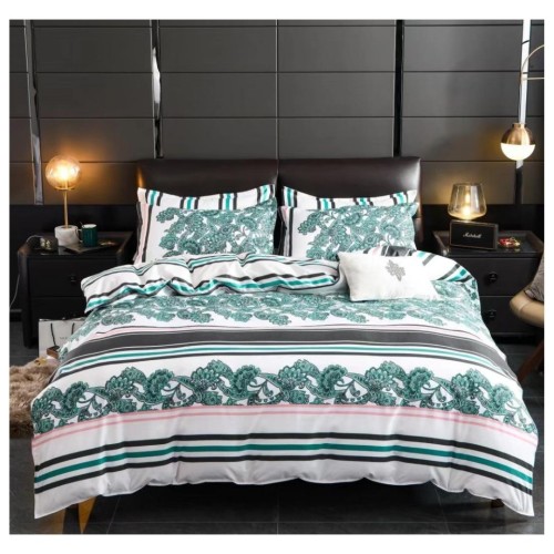 King Size Comforter Set with Green Paisley, Black Lines, and White Tufted Pillowcases