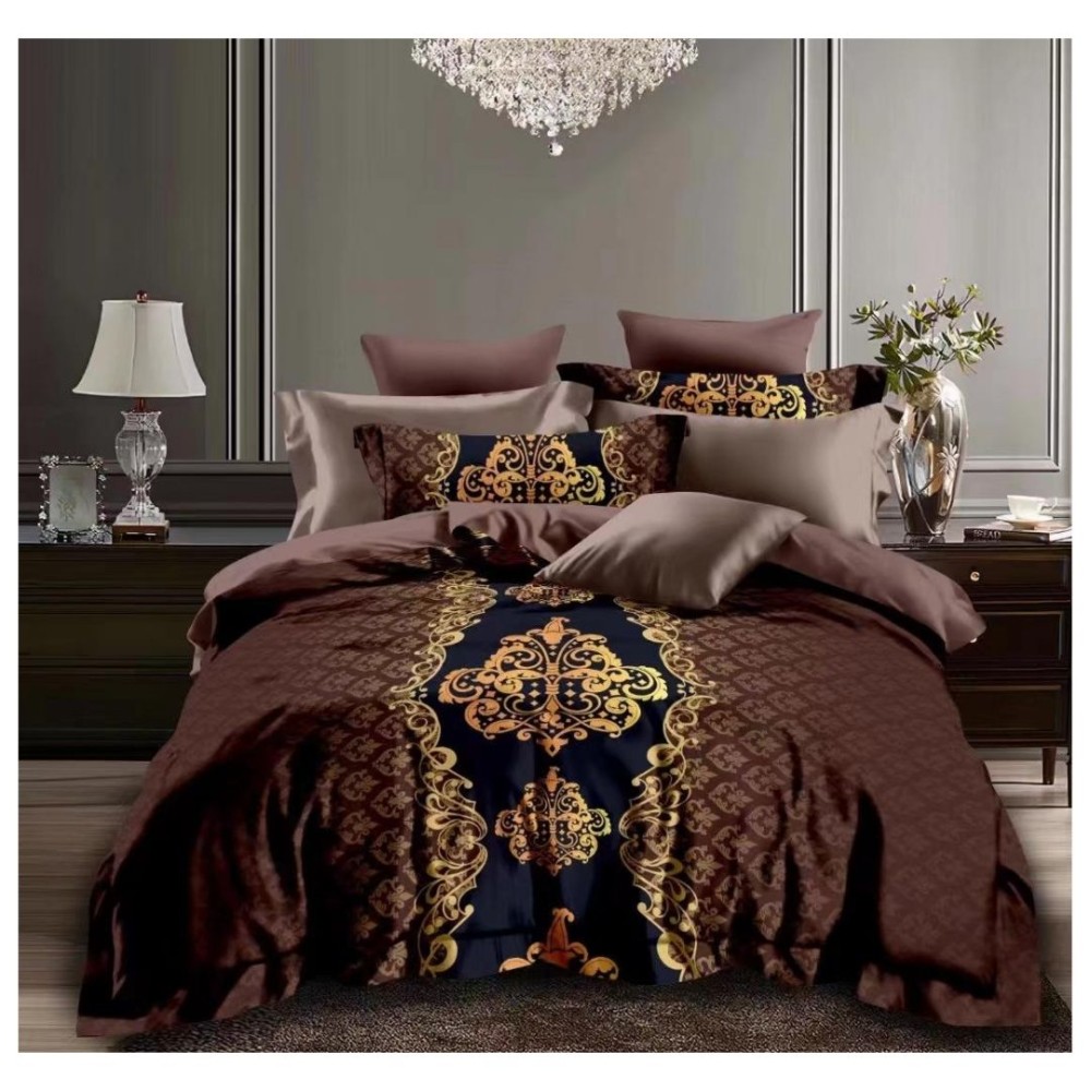 King Size Gold Royal Design Comforter Set - Chocolate Brown, 6pcs with Tufted Pillowcases