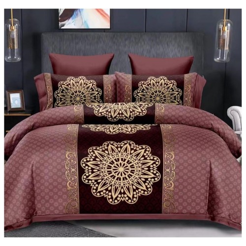 King Size Comforter Set with Gold Lotus Floral Print and Maroon Lines