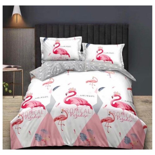 King Size Comforter Set with Large Pink Flamingo Birds Printed on White Background, 6pcs