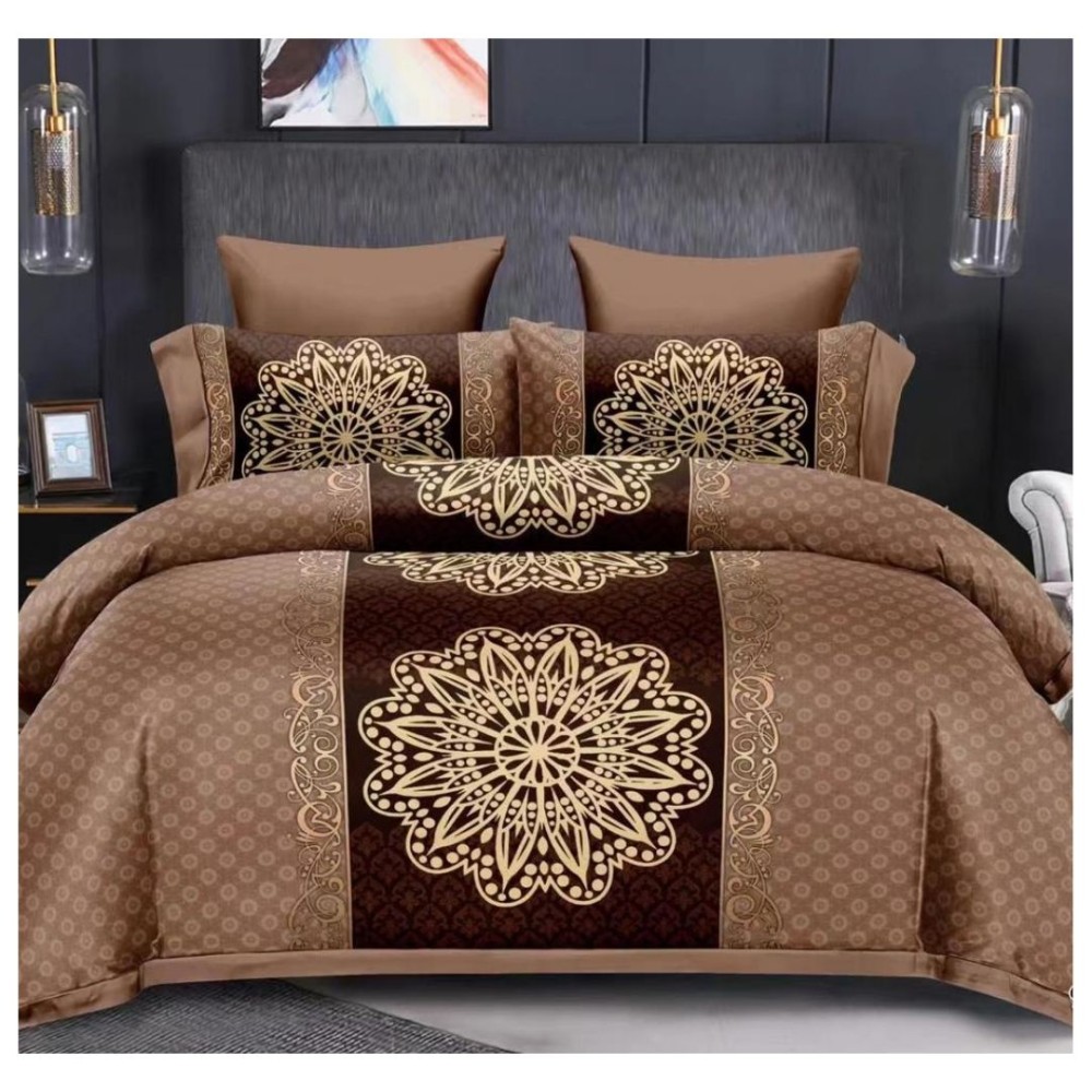 King Size Comforter Set with Gold Lotus Floral Print and Dark Brown Lines