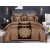 King Size Comforter Set with Gold Lotus Floral Print and Dark Brown Lines