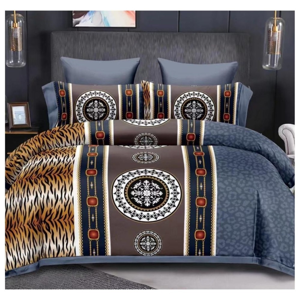 King Size Comforter Set with Ornamental Round and Tiger Skin Print in Prussian Blue