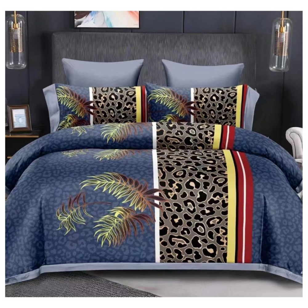 King Size Comforter Set with Leopard Skin and Leaves Print in Prussian Blue, 6pcs