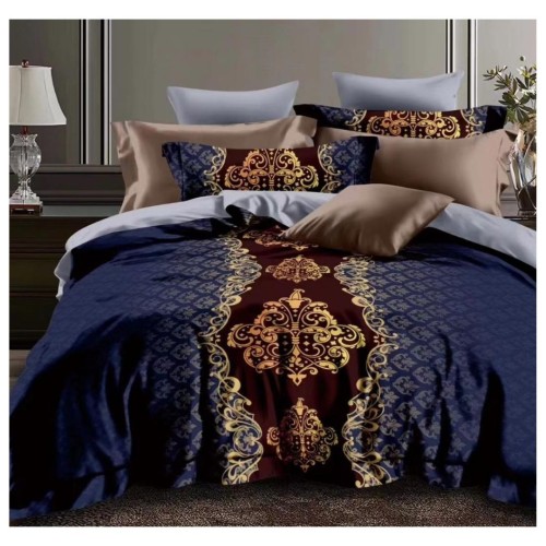 King Size Gold Floral Comforter Set - Maroon & Blue, 6pcs with Tufted Pillowcases