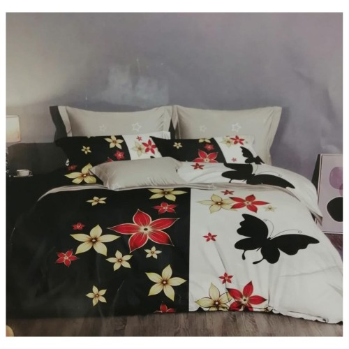 King Size Red and Mellow Floral with Butterflies Black and White Comforter Set - 6pcs