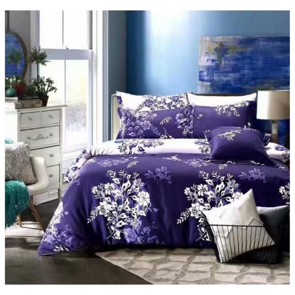 King Size Indigo Comforter Set with White Flower Bouquet Print and Tufted Pillowcases