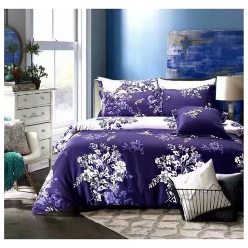 King Size Indigo Comforter Set with White Flower Bouquet Print and Tufted Pillowcases