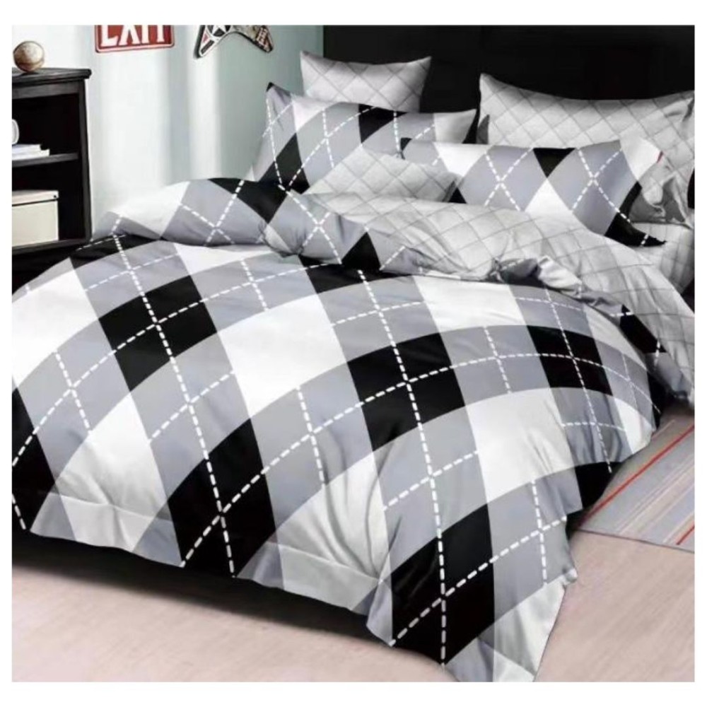 King Size Crossed Dashed Lined Print in White, Black & Gray Background Comforter Set - 6pcs