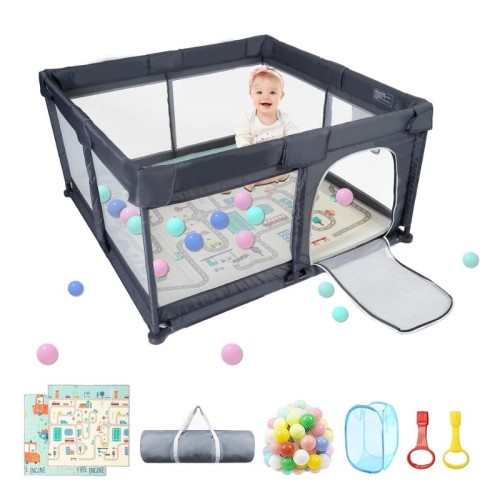 Baby Playpen, Safety Yard with Mesh (Grey)-71" x 59"