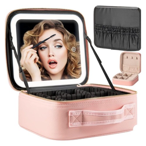 Makeup Travel Train Case with Mirror LED Light - Pink