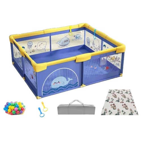 Playpen with Gate & Mesh, 60 Ocean Balls, Whale Design (150x180cm)