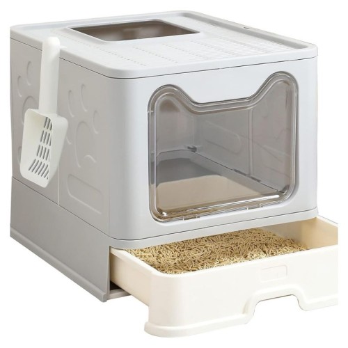 Oversized Enclosed Cat Litter Box with Foldable Tray & Odor Control