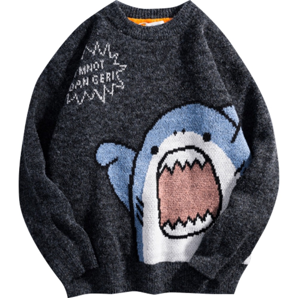 Men's Shark Print Oversized Turtleneck Sweater, Winter Harajuku Y2K Knit Pullover