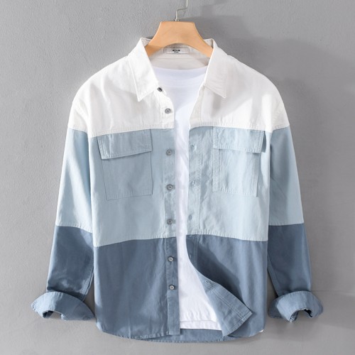 Men's Contrast Color Patchwork Cotton Shirt, Long Sleeve Retro Cargo