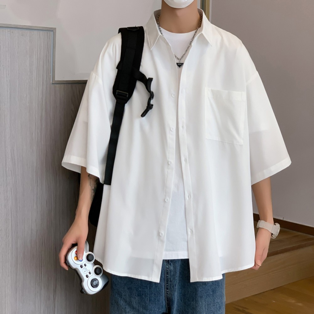 LAPPSTER Korean Style Oversized Cargo Shirt, Smooth Short Sleeve Japanese Streetwear