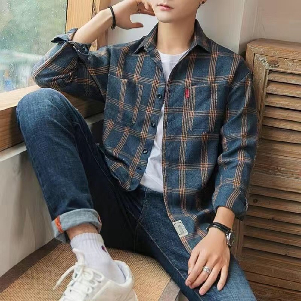 Long Sleeve Men's Plaid Cargo Shirt – 2024 Vintage Fashion with Pockets, Luxury Button Details