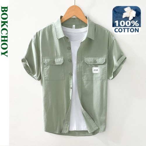 2024 Spring/Summer Casual Cargo Shirt for Men | Pure Cotton Short Sleeve, Solid Color, Comfortable Streetwear