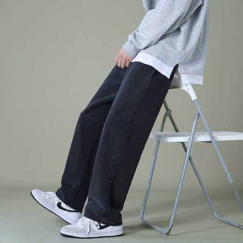 New Autumn Men’s Wide-Leg Denim Pants | Korean Style, Straight Fit, Light Blue & Black/Gray, Baggy Jeans, Elastic Waist