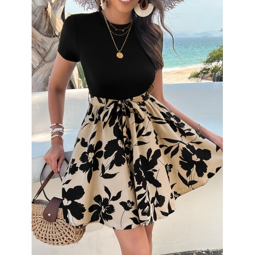 Fashion Women's Spring Summer Knitted & Chiffon Floral Patchwork Dress - Lace-Up O-Neck Elegant Vintage Dress