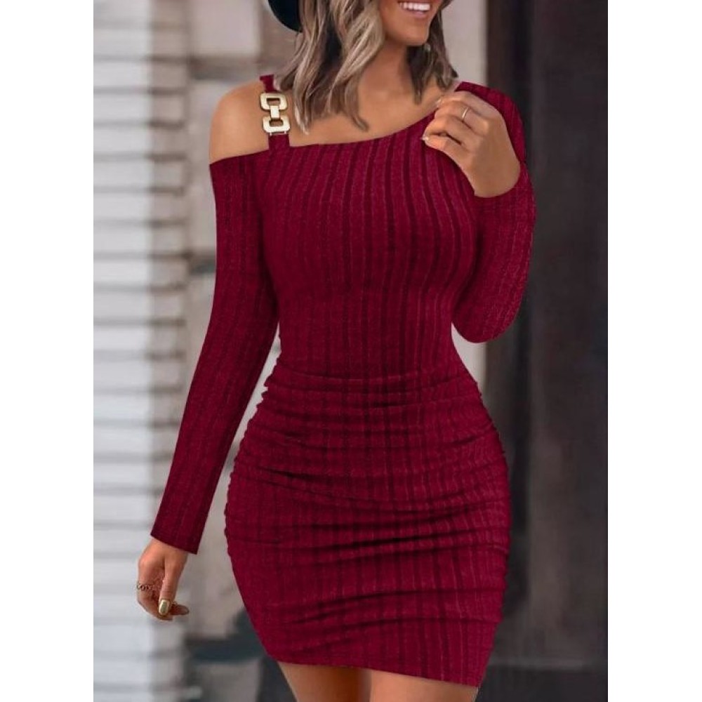 Chain Off-Shoulder Bodycon Mini Dress for Women - Autumn Winter Long Sleeve Knitted Dress