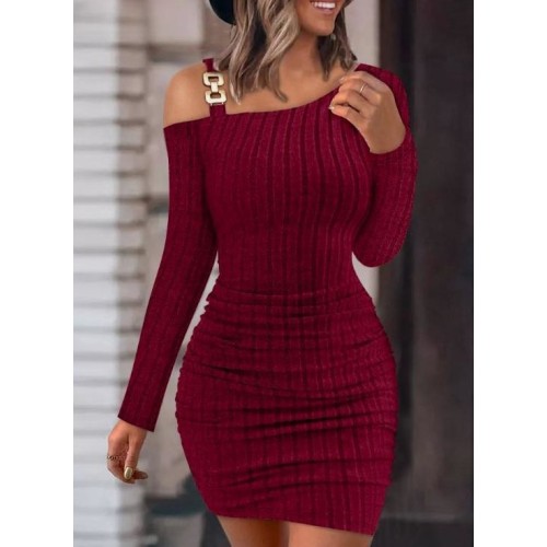 Chain Off-Shoulder Bodycon Mini Dress for Women - Autumn Winter Long Sleeve Knitted Dress