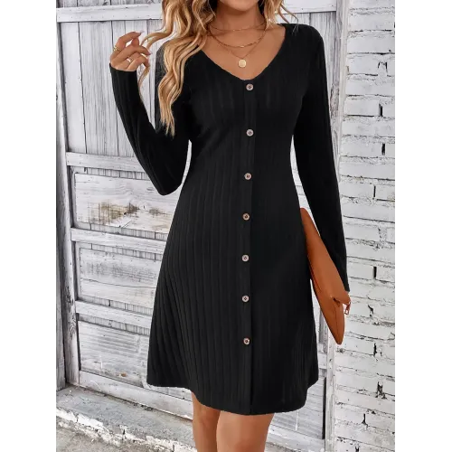 Fashion Solid Ribbed Knitted Mini Dress for Women - Button Long Sleeve A-Line Autumn Dress 2023