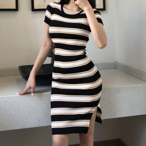 Color Matching Striped Long Skirt for Women - Sexy Round Neck Slim Hip Split Knit Dress