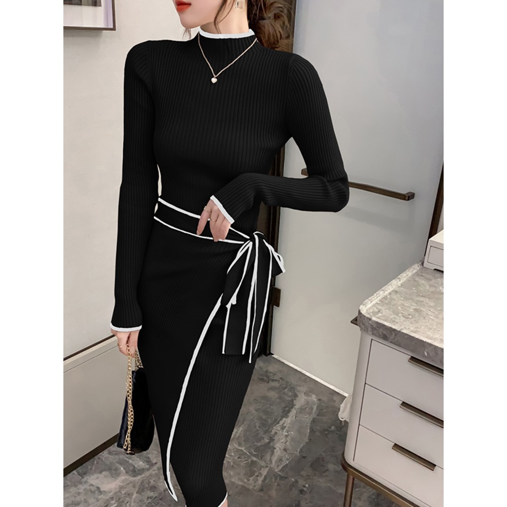 Women’s Knitted Lace-Up Dress - Autumn Winter Slim Long Sleeve Sweater Skirt for Office