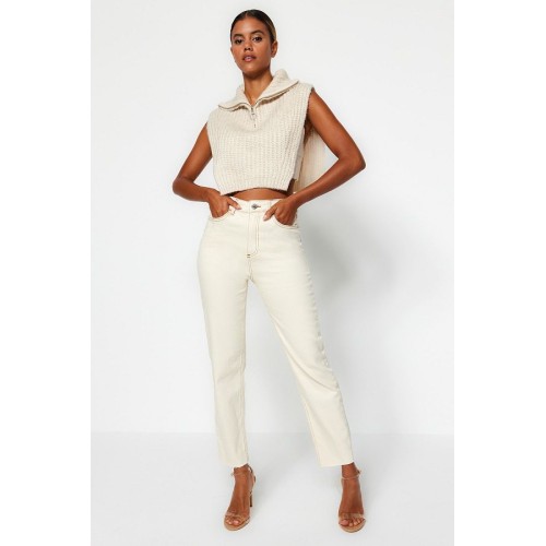 Ecru High Waist Slim Mom Jeans for Elegant Casual Looks