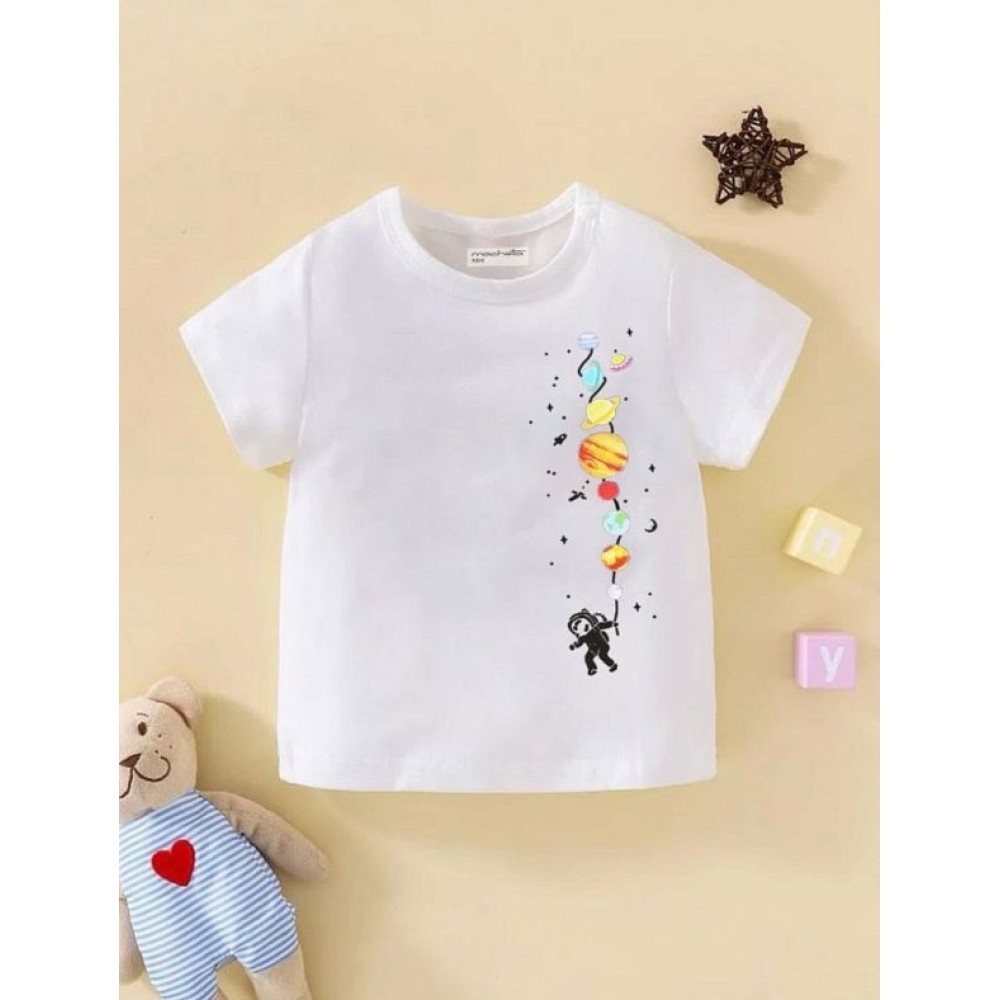 Astronaut Balloon Planets Printed Oversized Children's T-Shirt – White