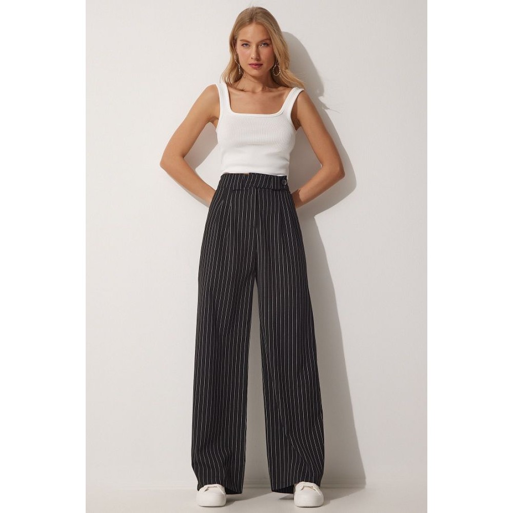 Happiness İstanbul Women's Cream/Blue/Black Pleated Wide Leg Trousers with Belt Loops