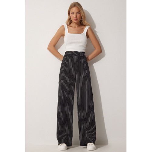 Happiness İstanbul Women's Cream/Blue/Black Pleated Wide Leg Trousers with Belt Loops