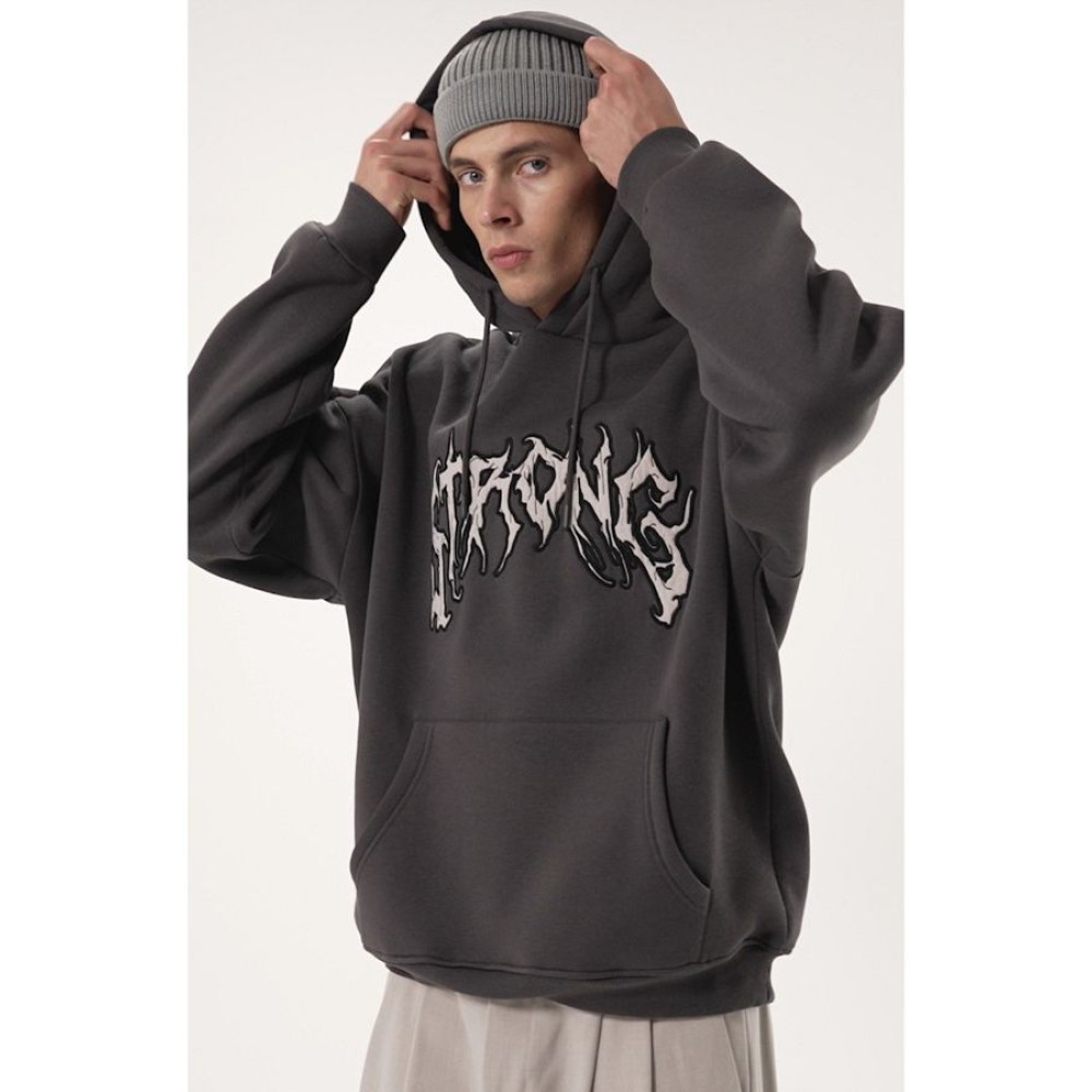 Fleece Hooded Embroidered Oversize Sweatshirt in Anthracite Gray