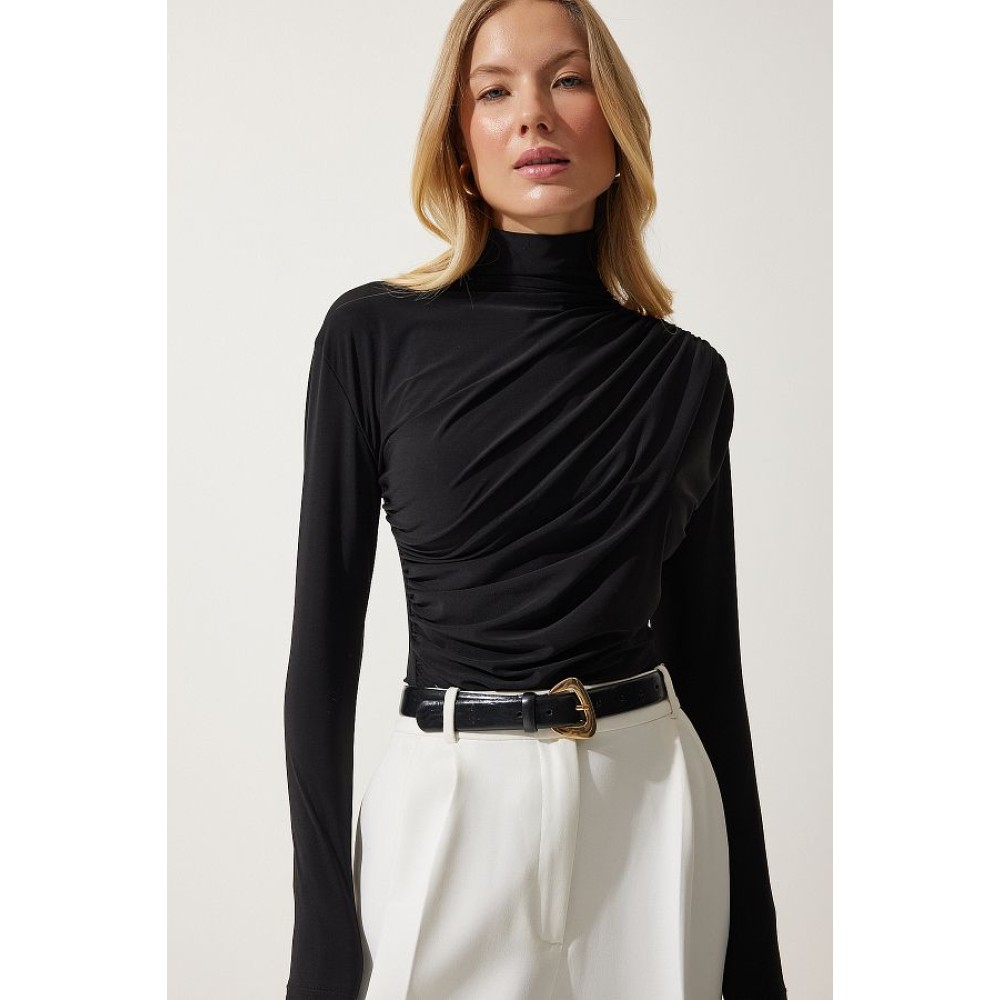 Happiness İstanbul Women's Black Gathered High Collar Sandy Blouse