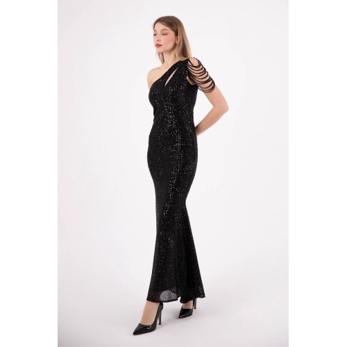 HOX's Scarlet One-Shoulder Maxi Dress - Black Sequin Fishnet Evening Gown